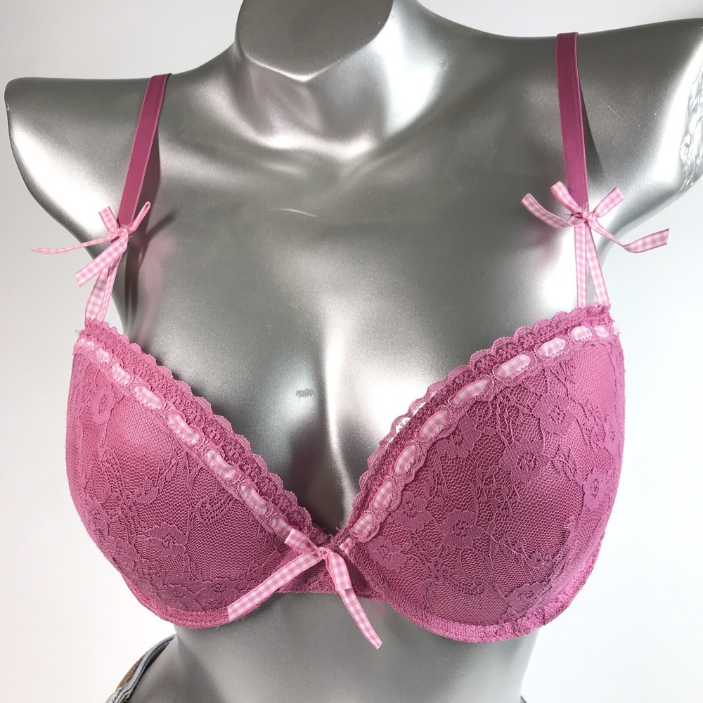 Berry Perry Underwire Push Up Bra, Size 34C, Pink Lace with Ribbon and Bows - Picture 2 of 10